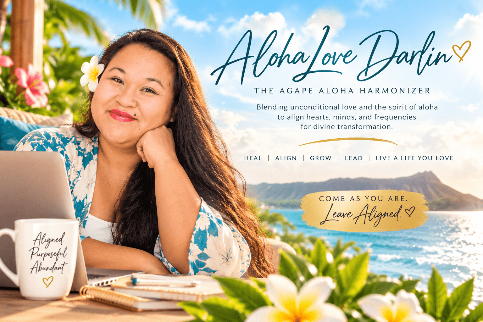 AlohaLove Darlin, the Agape Aloha Harmonizer — blending unconditional love and the spirit of aloha to align hearts, minds, and frequencies for divine transformation. Heal, align, grow, lead, live a life you love. Come as you are. Leave aligned.